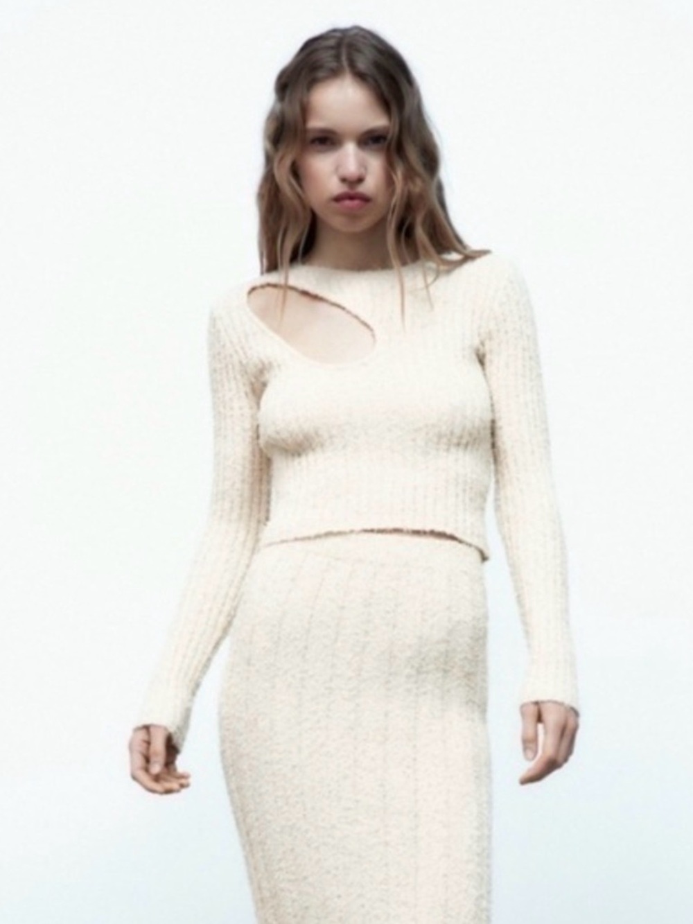 Zara Cream Ribbed Cutout Crop Top & Maxi Skirt Set